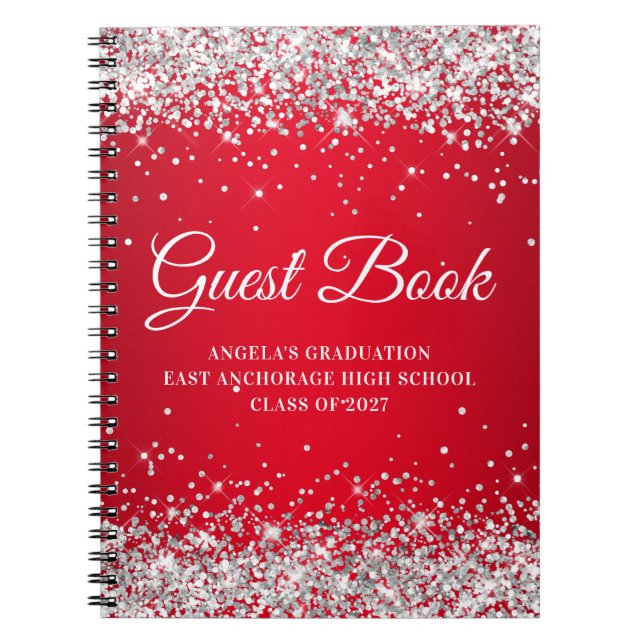 Silver Glitter Red Glam Gradient Graduation Guest Notebook (Front)