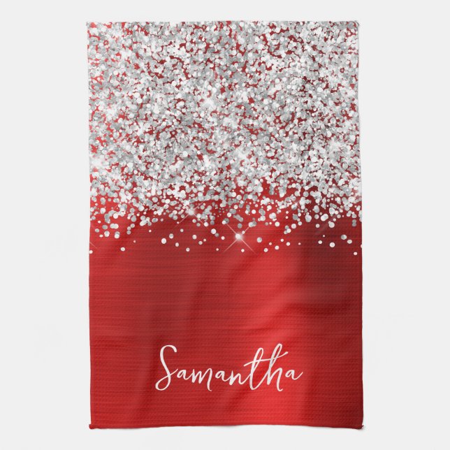 Silver Glitter Red Glam Name Tea Towel (Vertical)