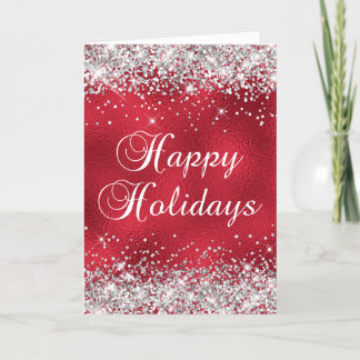 Silver Glitter Red Glass Foil Happy Holidays Card