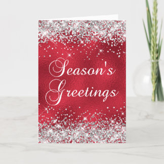 Silver Glitter Red Glass Foil Season's Greetings Card