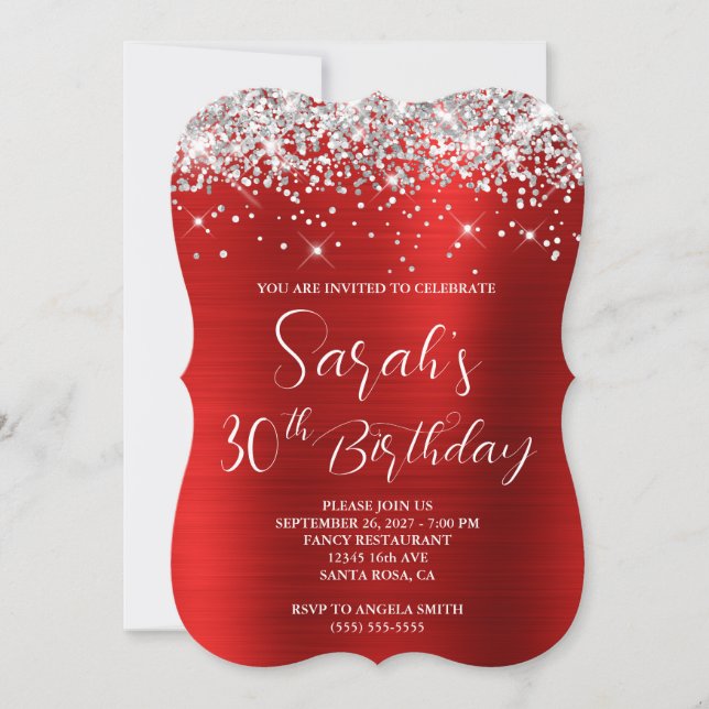 Silver Glitter Red Luxurious 30th Birthday Invitation (Front)