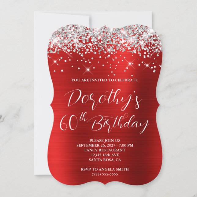Silver Glitter Red Luxurious 60th Birthday Invitation (Front)