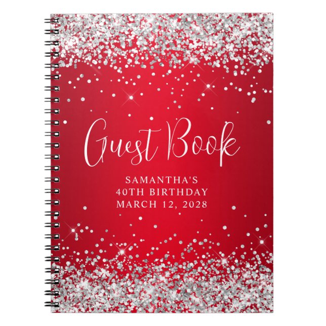 Silver Glitter Red Ombre 40th Birthday Guest Notebook (Front)