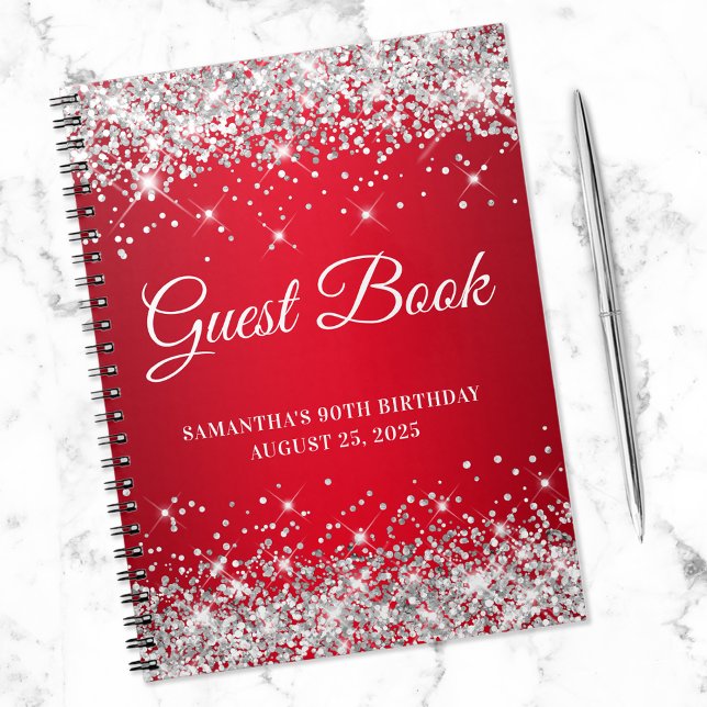 Silver Glitter Red Ombre 90th Birthday Guestbook  Notebook (Creator Uploaded)