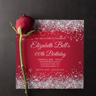 Silver Glitter Red Ombre Fancy Monogram Birthday Invitation