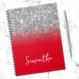 Silver Glitter Red Ombre Name Notebook