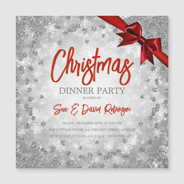 Silver Glitter Red Ribbon Christmas Invite (Front)