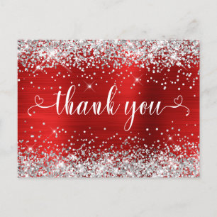 Silver Glitter Red Sweet 16 Hearts Thank You Postcard