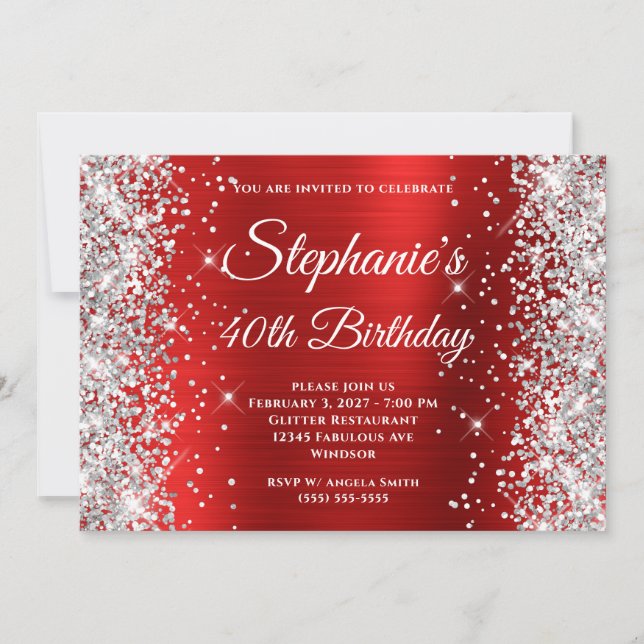 Silver Glitter Red White Monogram 40th Birthday Invitation (Front)