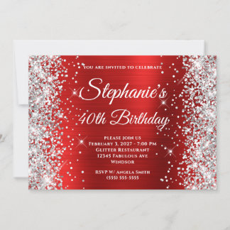 Silver Glitter Red White Monogram 40th Birthday Invitation