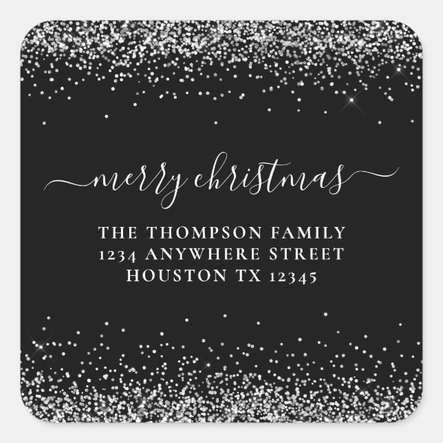 Silver Glitter Return Address Merry Xmas Black Square Sticker (Front)