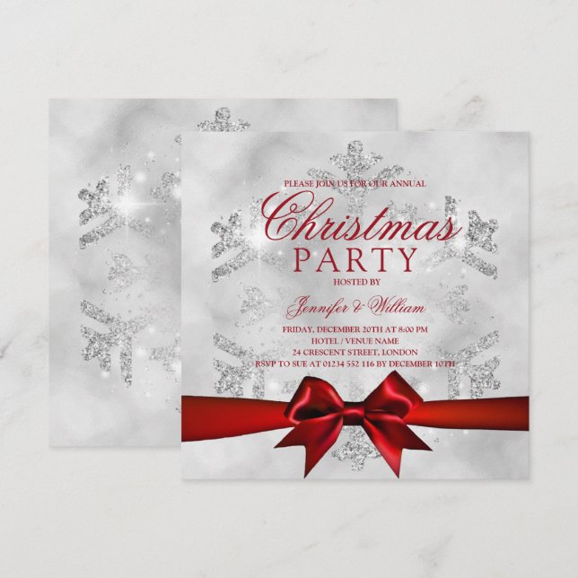 Silver Glitter & Ribbon | Xmas Holiday  Invitation (Front/Back)