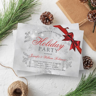 Silver Glitter & Ribbon   Xmas Holiday Red Invitation