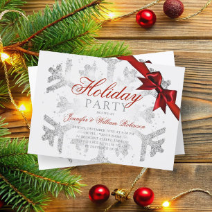 Silver Glitter & Ribbon Xmas Holiday Red Invitation