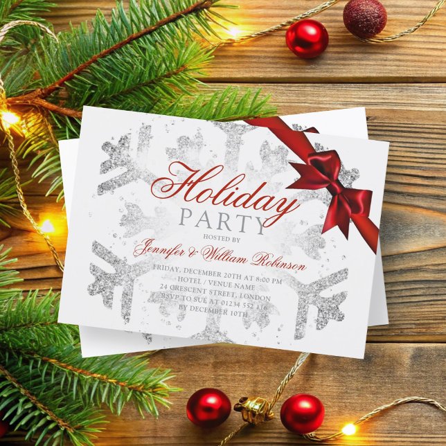 Silver Glitter & Ribbon | Xmas Holiday Red  Invitation (Silver Glitter & Ribbon | Xmas Holiday Red Invitation)