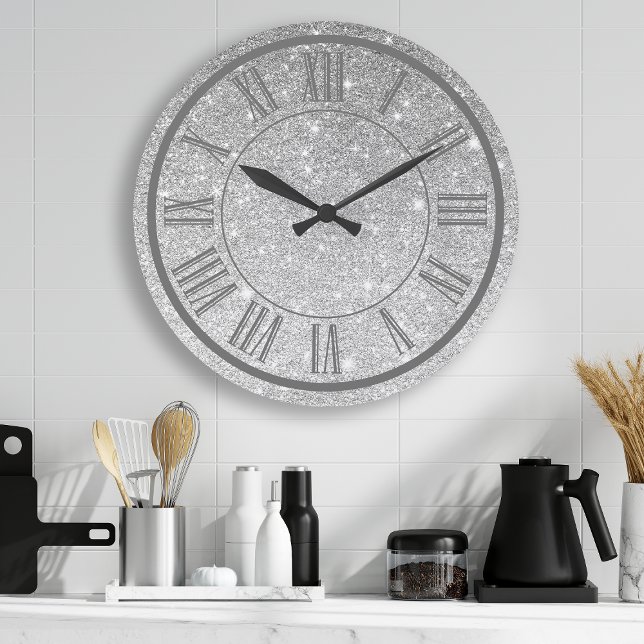 Silver Glitter Roman Numeral Sparkle Girly Large Clock (Creator Uploaded)