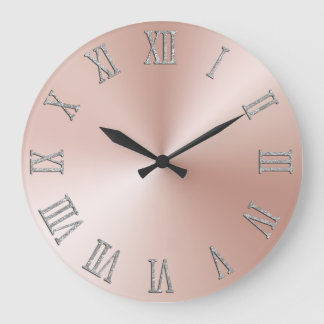 Silver Glitter Roman Numerals Pale Rose Gold Ombre Large Clock