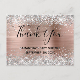 Silver Glitter Rose Gold Baby Shower Thank You Postcard