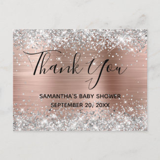 Silver Glitter Rose Gold Baby Shower Thank You Postcard