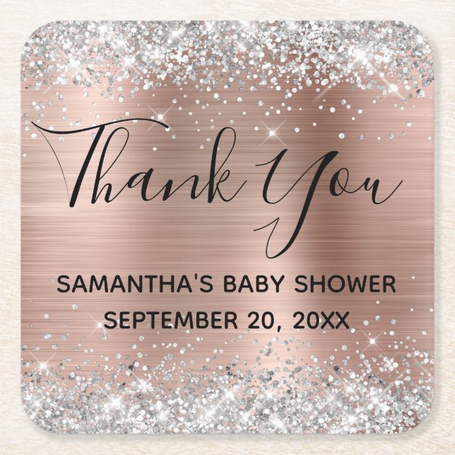 Silver Glitter Rose Gold Baby Shower Thank You Square Paper Coaster (Front)
