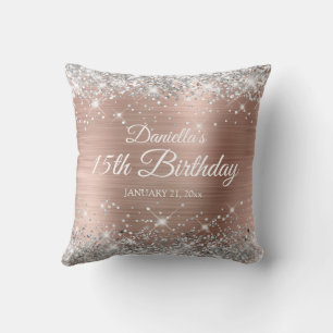 Silver Glitter Rose Gold Foil 15th Birthday Cushion
