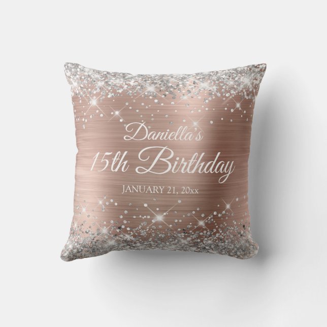 Silver Glitter Rose Gold Foil 15th Birthday Cushion (Back)