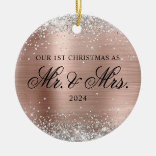 Silver Glitter Rose Gold Foil 1st Christmas Photo Ceramic Tree Decoration