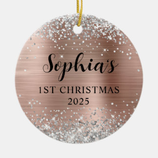 Silver Glitter Rose Gold Foil 1st Christmas Photo Ceramic Tree Decoration
