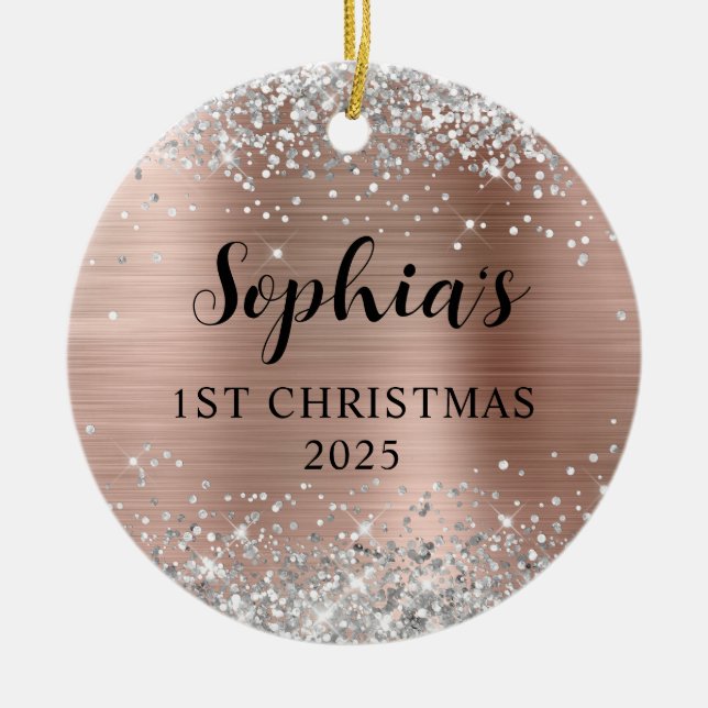Silver Glitter Rose Gold Foil 1st Christmas Photo Ceramic Tree Decoration (Front)