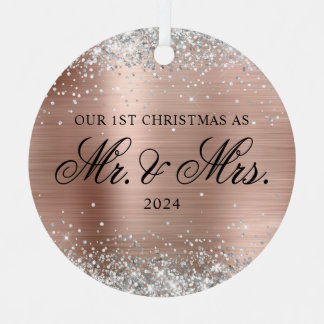 Silver Glitter Rose Gold Foil 1st Christmas Photo Metal Tree Decoration
