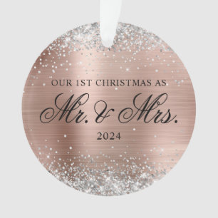 Silver Glitter Rose Gold Foil 1st Christmas Photo Ornament