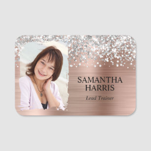 Silver Glitter Rose Gold Foil Brushstroke Photo Name Tag