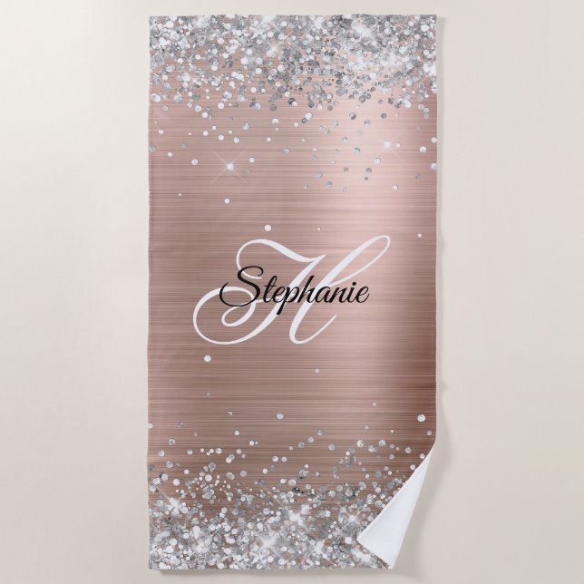 Silver Glitter Rose Gold Foil Fancy Monogram Beach Towel (Front)