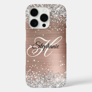 Silver Glitter Rose Gold Foil Fancy Monogram iPhone 16 Pro Case