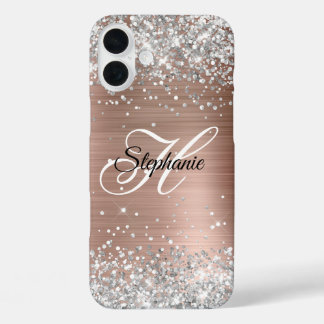 Silver Glitter Rose Gold Foil Fancy Monogram iPhone 16 Plus Case