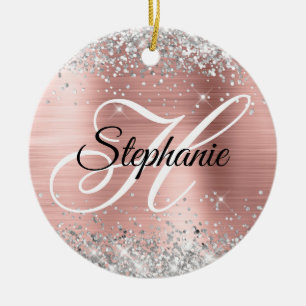 Silver Glitter Rose Gold Foil Fancy Monogram Ceramic Tree Decoration