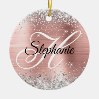 Silver Glitter Rose Gold Foil Fancy Monogram Ceramic Tree Decoration