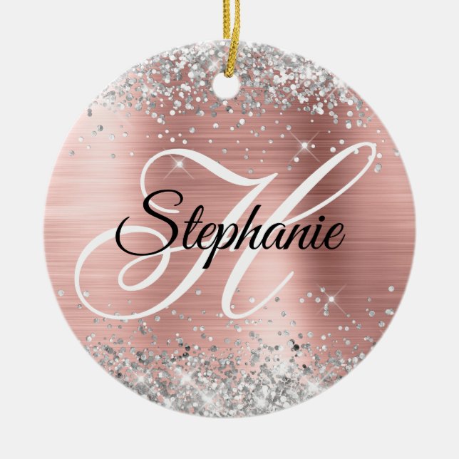Silver Glitter Rose Gold Foil Fancy Monogram Ceramic Tree Decoration (Front)