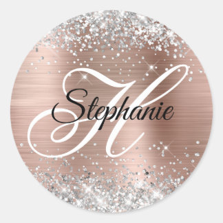 Silver Glitter Rose Gold Foil Fancy Monogram Classic Round Sticker