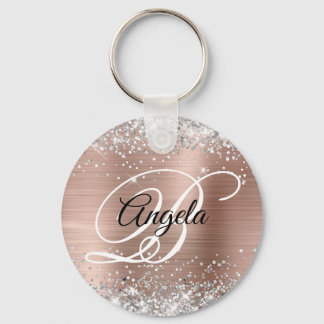 Silver Glitter Rose Gold Foil Fancy Monogram Key Ring