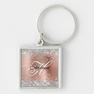 Silver Glitter Rose Gold Foil Fancy Monogram Key Ring