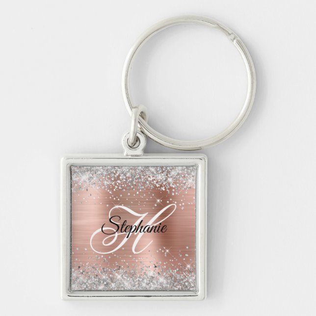 Silver Glitter Rose Gold Foil Fancy Monogram Key Ring (Front)