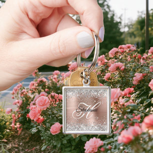 Silver Glitter Rose Gold Foil Fancy Monogram Key Ring