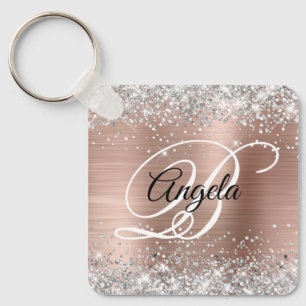 Silver Glitter Rose Gold Foil Fancy Monogram Key Ring