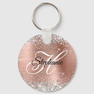 Silver Glitter Rose Gold Foil Fancy Monogram Key Ring