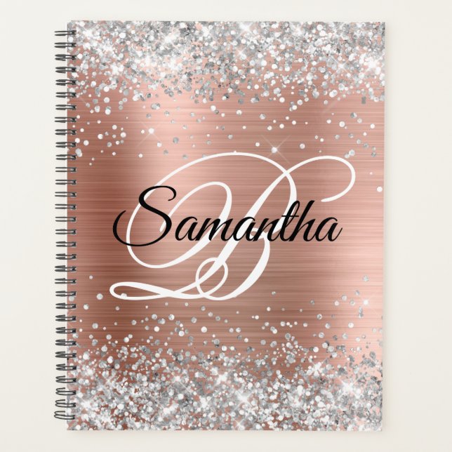 Silver Glitter Rose Gold Foil Fancy Monogram Planner (Front)