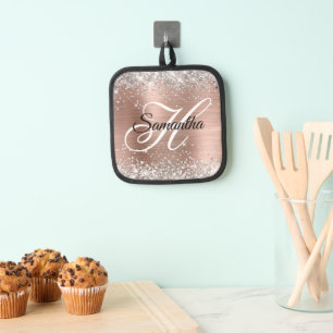 Silver Glitter Rose Gold Foil Fancy Monogram Pot Holder