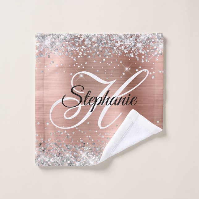 Silver Glitter Rose Gold Foil Fancy Monogram Wash Cloth (Wash Cloth)