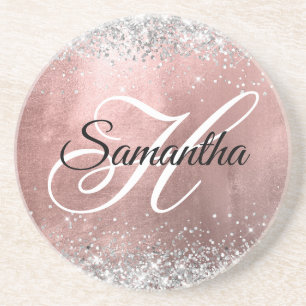 Silver Glitter Rose Gold Foil Fancy Monogrammed Coaster