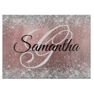 Silver Glitter Rose Gold Foil Fancy Monogrammed Cutting Board